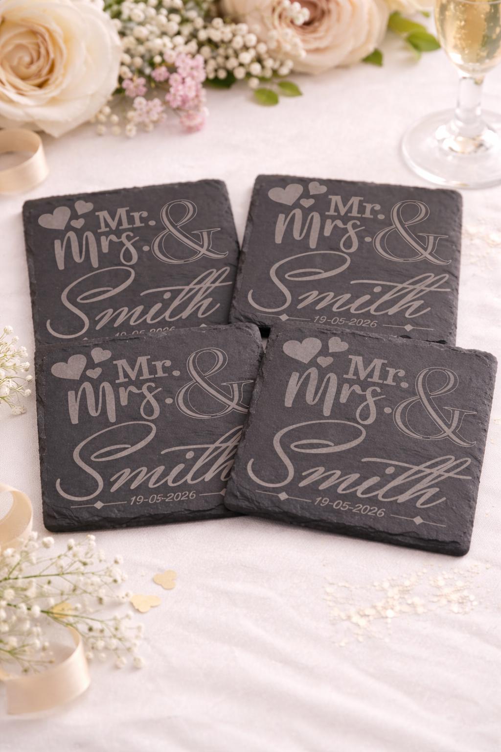 Personalised Wedding Coasters, Engraved Slate Coasters, Custom Mr & Mrs Gift, Wedding Gift Idea, Anniversary Gift, Couples Gift UK