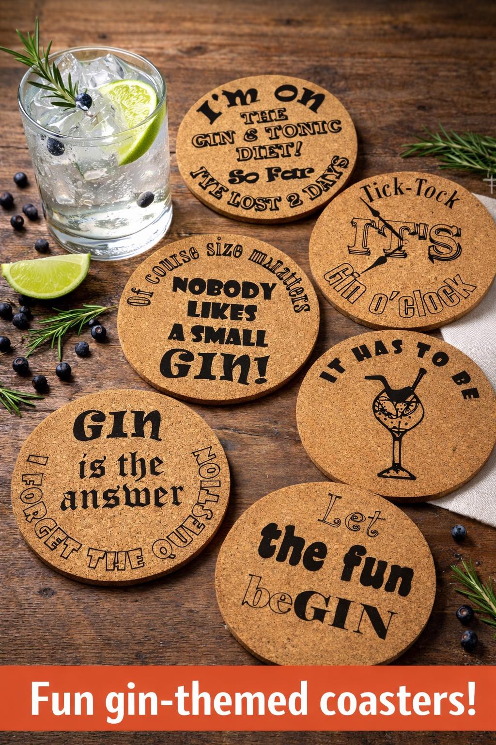 Fun Drinks Coaster sets (6 pack) - Gin Lovers, Slate Cork Oak finish Laser Crafted UK