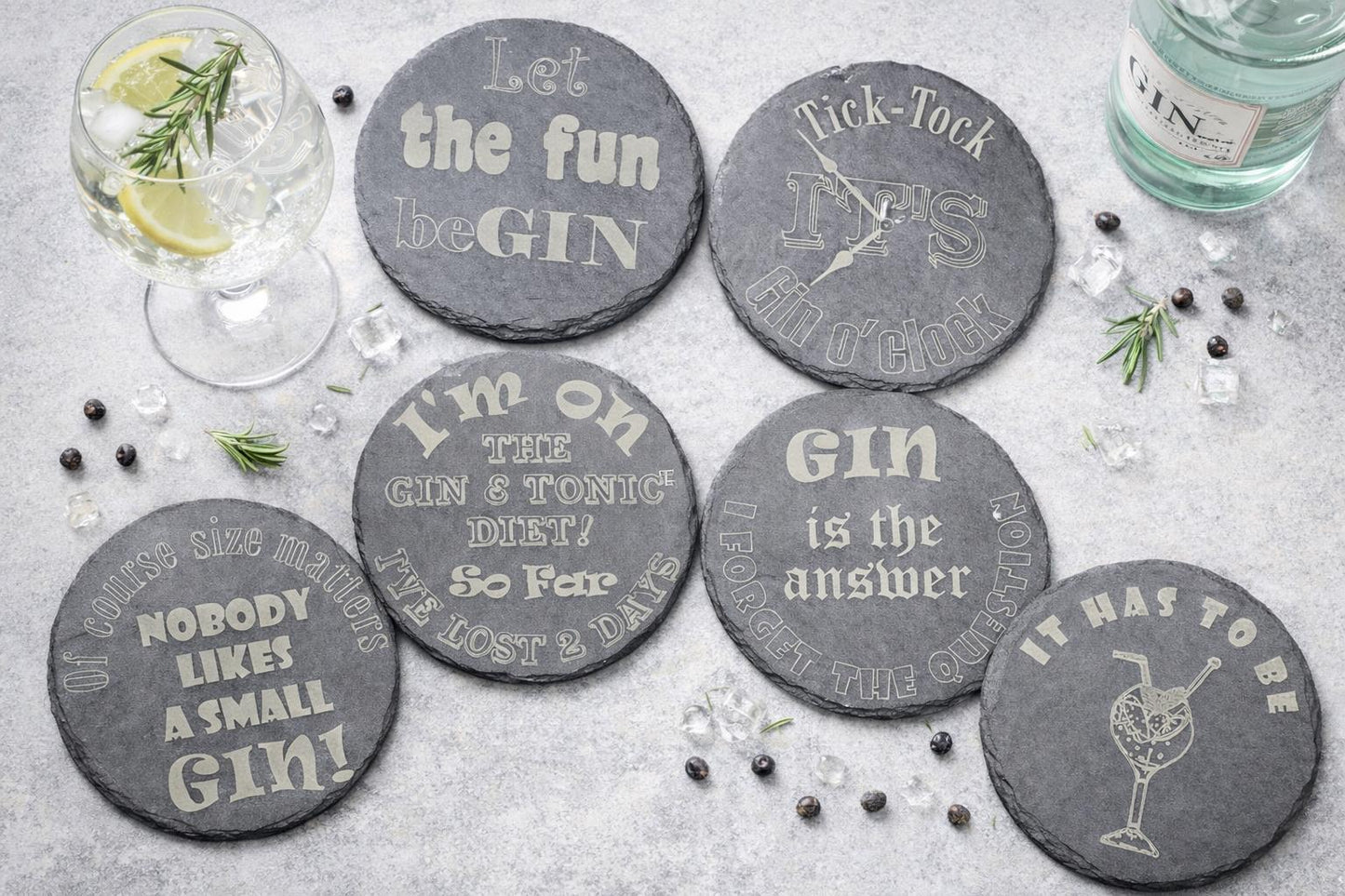 Fun Drinks Coaster sets (6 pack) - Gin Lovers, Slate Cork Oak finish Laser Crafted UK