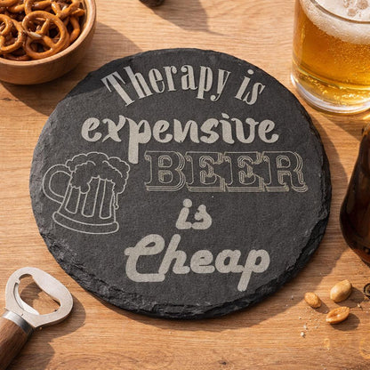 Fun Drinks Coaster sets (6 pack) - Beer Lovers, Slate Cork Oak finish Laser Crafted UK