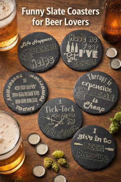 Fun Drinks Coaster sets (6 pack) - Beer Lovers, Slate Cork Oak finish Laser Crafted UK