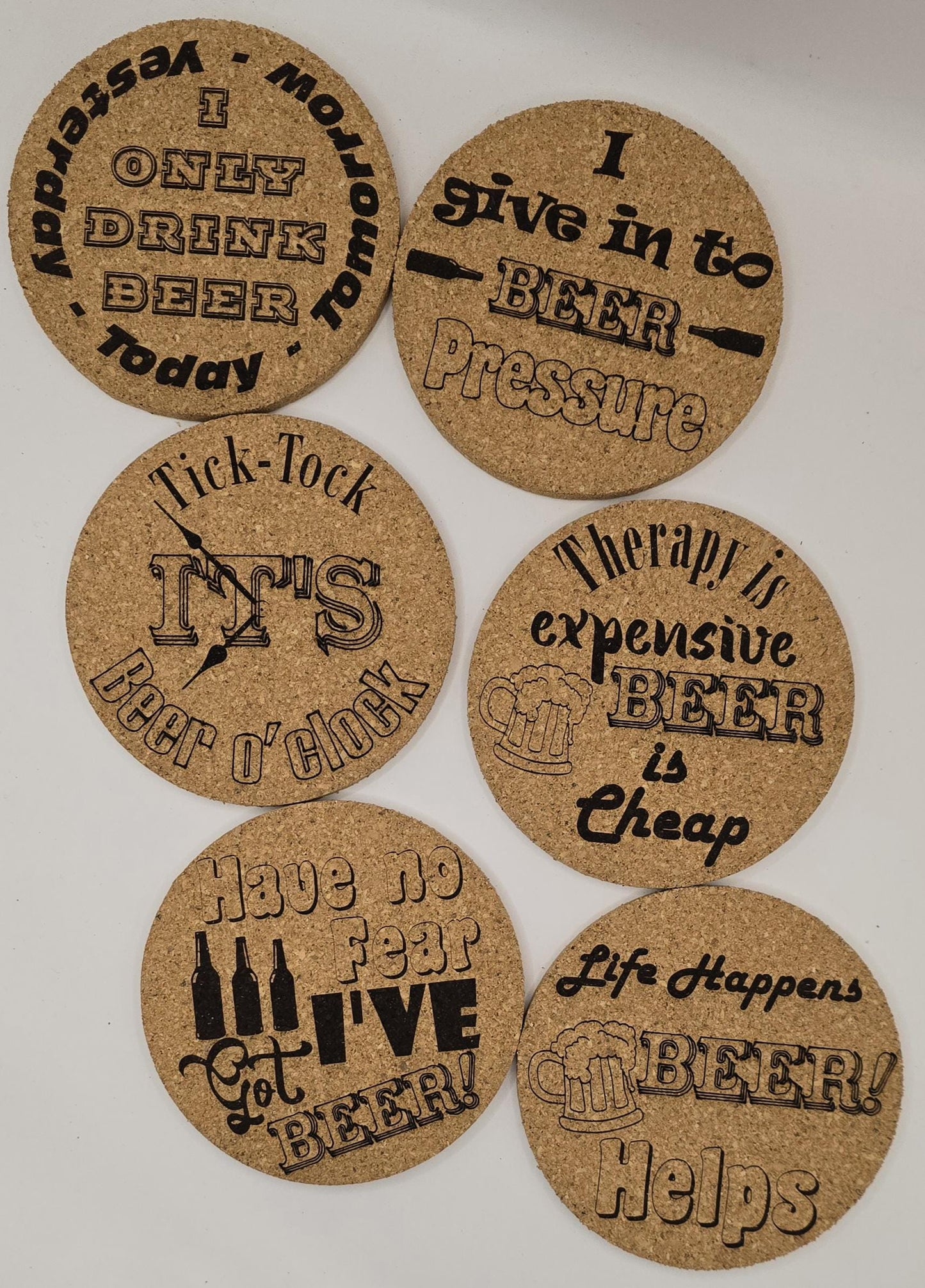 Fun Drinks Coaster sets (6 pack) - Beer Lovers, Slate Cork Oak finish Laser Crafted UK