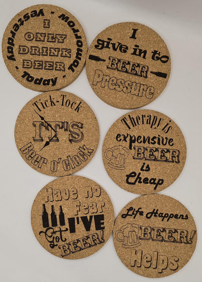 Fun Drinks Coaster sets (6 pack) - Beer Lovers, Slate Cork Oak finish Laser Crafted UK