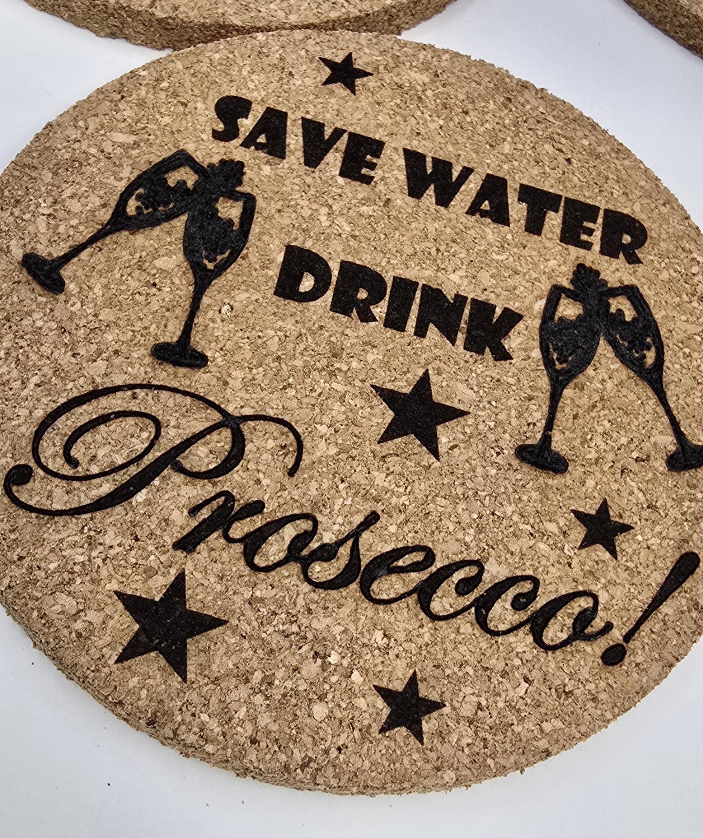 Funny Drinks Coaster sets (6 pack) - Prosecco Lovers, Slate Cork Oak finish Laser Crafted UK