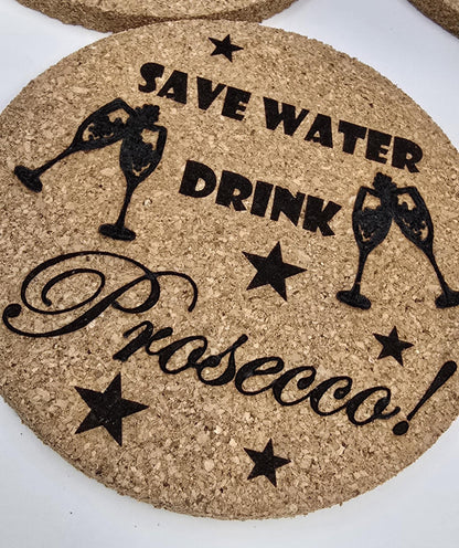 Funny Drinks Coaster sets (6 pack) - Prosecco Lovers, Slate Cork Oak finish Laser Crafted UK