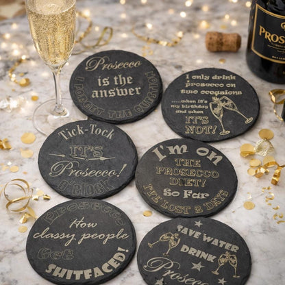 Funny Drinks Coaster sets (6 pack) - Prosecco Lovers, Slate Cork Oak finish Laser Crafted UK
