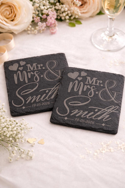 Personalised Wedding Coasters, Engraved Slate Coasters, Custom Mr & Mrs Gift, Wedding Gift Idea, Anniversary Gift, Couples Gift UK