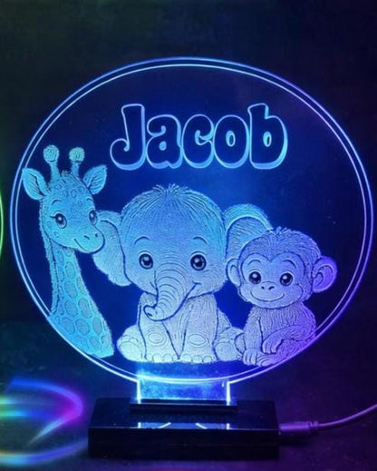 Personalised Safari Animal LED Night Light – Custom Name Lamp for Nursery Decor