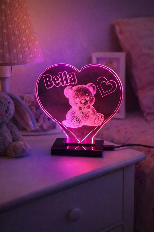 Personalised Teddy Bear Night Light – Custom Name LED Lamp, Jungle Decor
