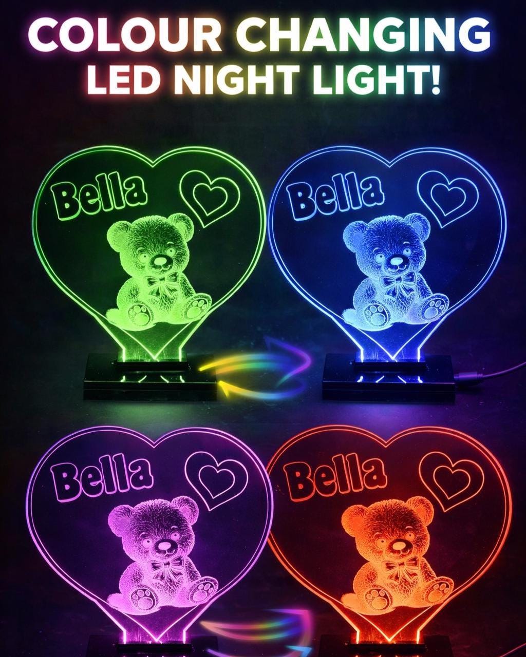 Personalised Teddy Bear Night Light – Custom Name LED Lamp, Jungle Decor