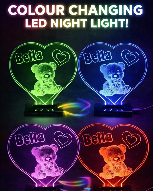 Personalised Teddy Bear Night Light – Custom Name LED Lamp, Jungle Decor
