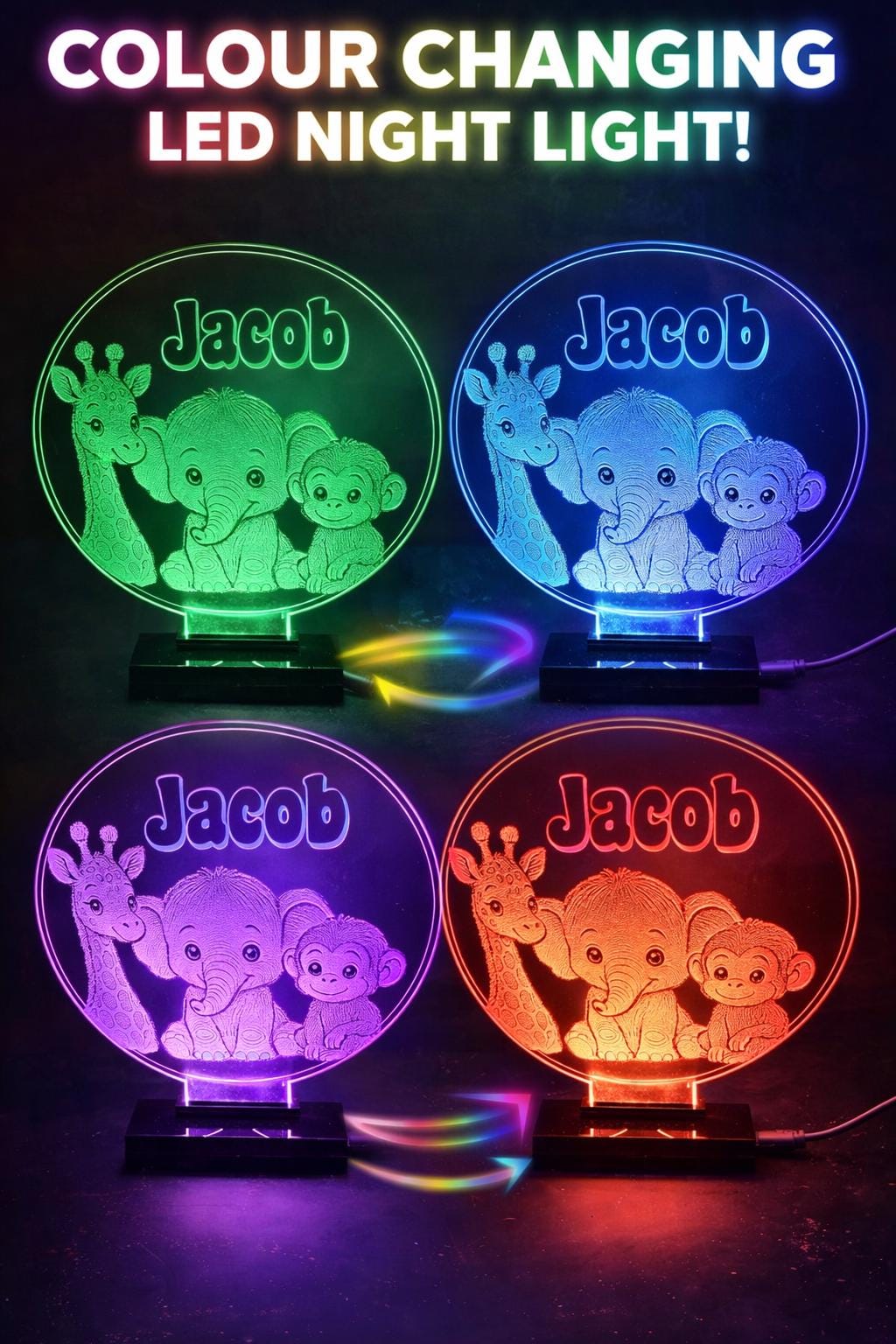 Personalised Safari Animal LED Night Light – Custom Name Lamp for Nursery Decor