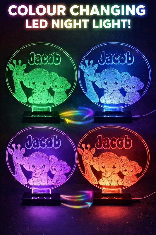 Personalised Safari Animal LED Night Light – Custom Name Lamp for Nursery Decor