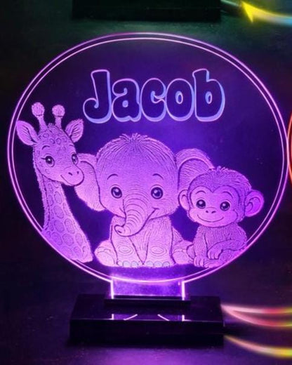 Personalised Safari Animal LED Night Light – Custom Name Lamp for Nursery Decor