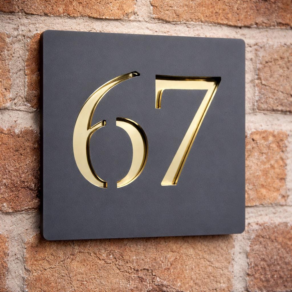 Modern Anthracite House Number Sign | Personalised Door Number Plaque | Gold Mirror Acrylic | Contemporary Address Sign UK | 125mm or 175mm
