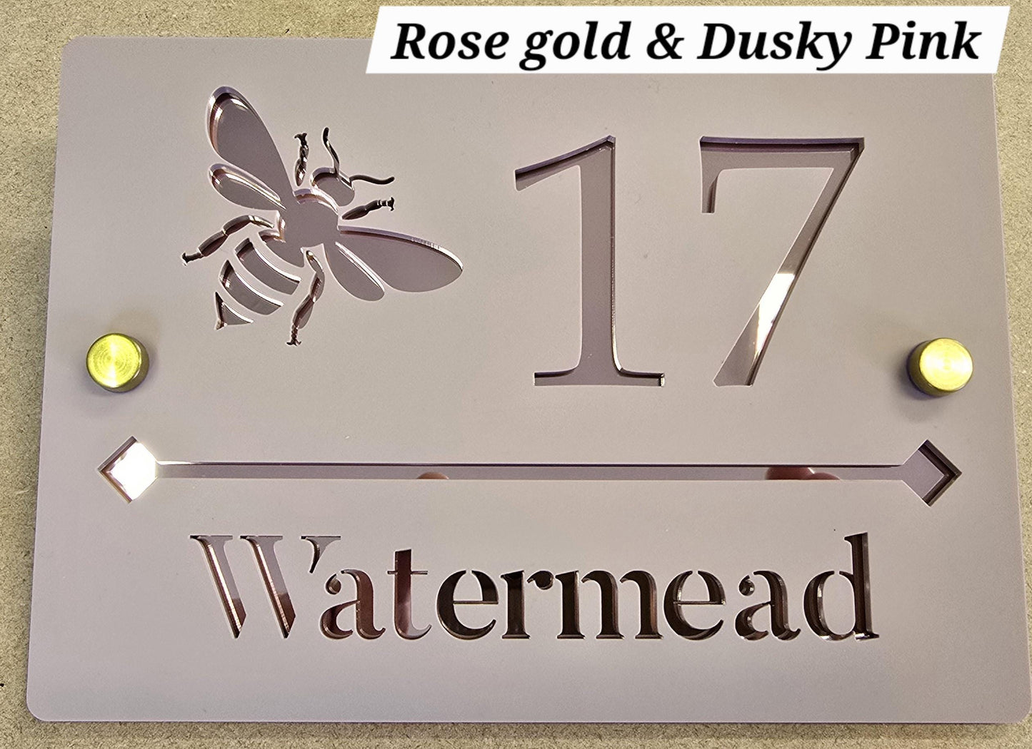 Bee House Sign Rose Petal Pink & Rose Gold Mirror | Personalised Address Plaque | Modern Door Number Sign | Acrylic House Sign UK