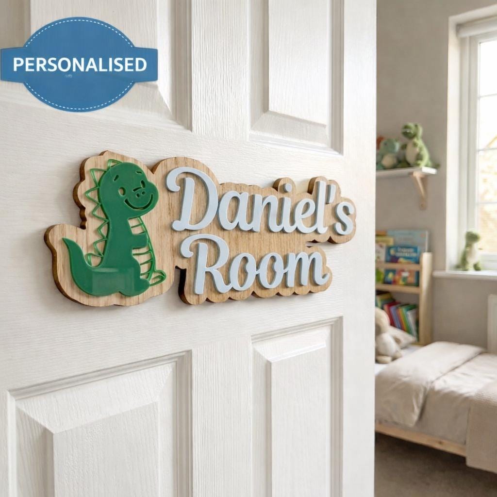 Personalised Dinosaur Name Sign | Layered Wood Acrylic Kids Room Decor