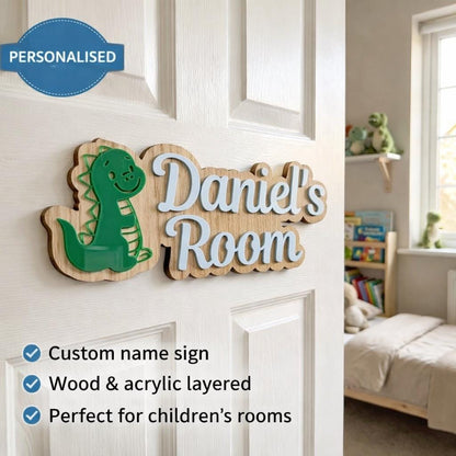 Personalised Dinosaur Name Sign | Layered Wood Acrylic Kids Room Decor