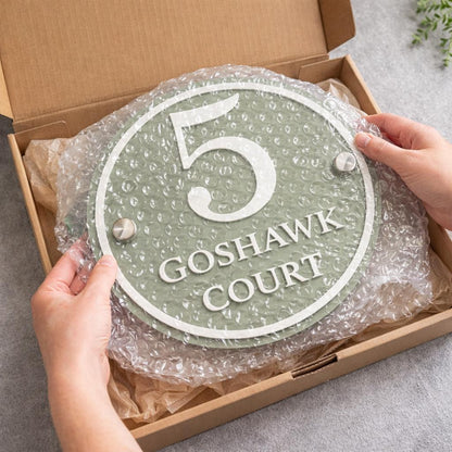 Sage Green House Sign Round Personalised Address Plaque Door Number Sign UK Acrylic