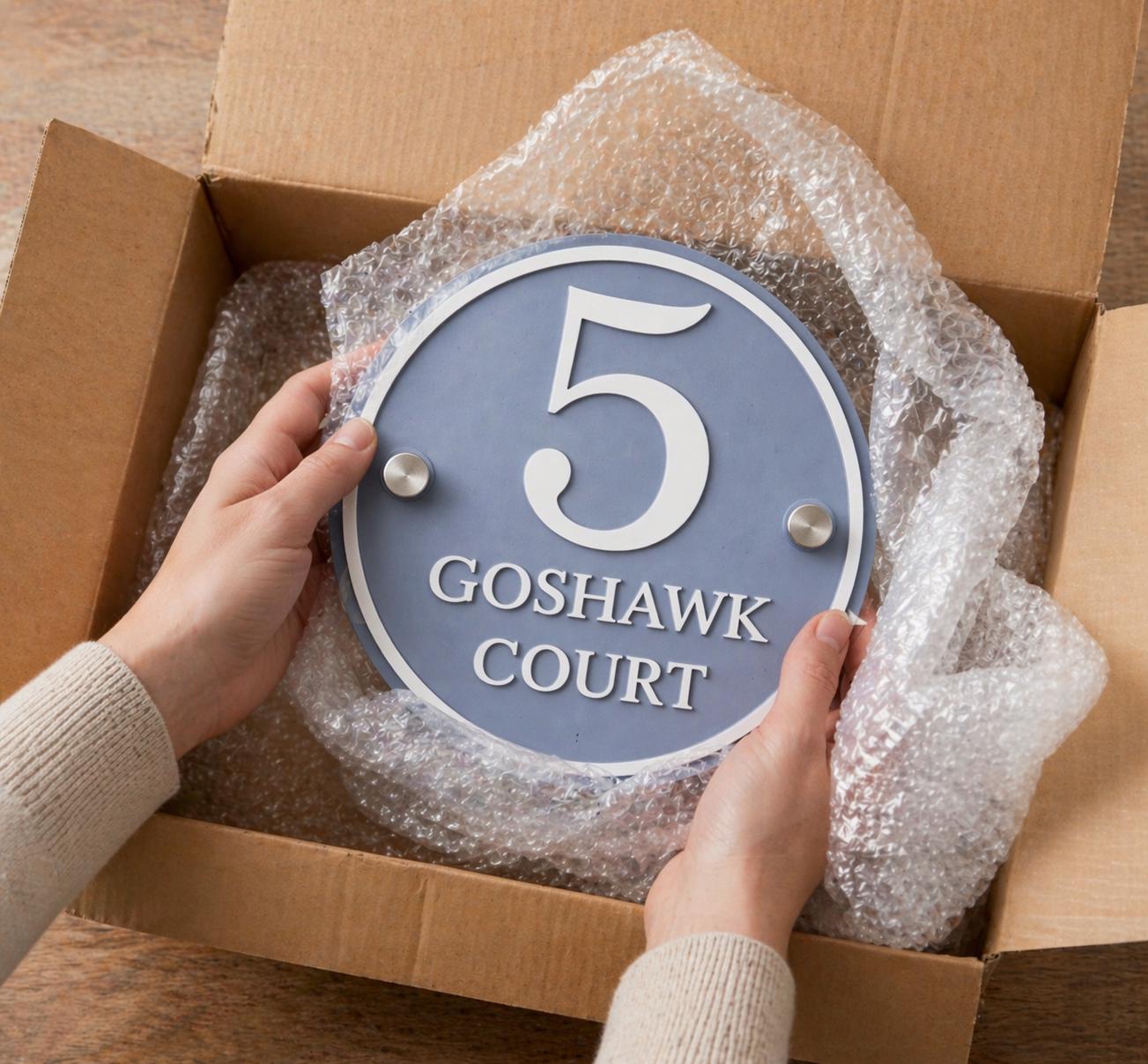 Dusky Blue Personalised House Sign | Round Acrylic Door Number Plaque | 3D Raised Matt White Lettering | Modern Address Sign UK