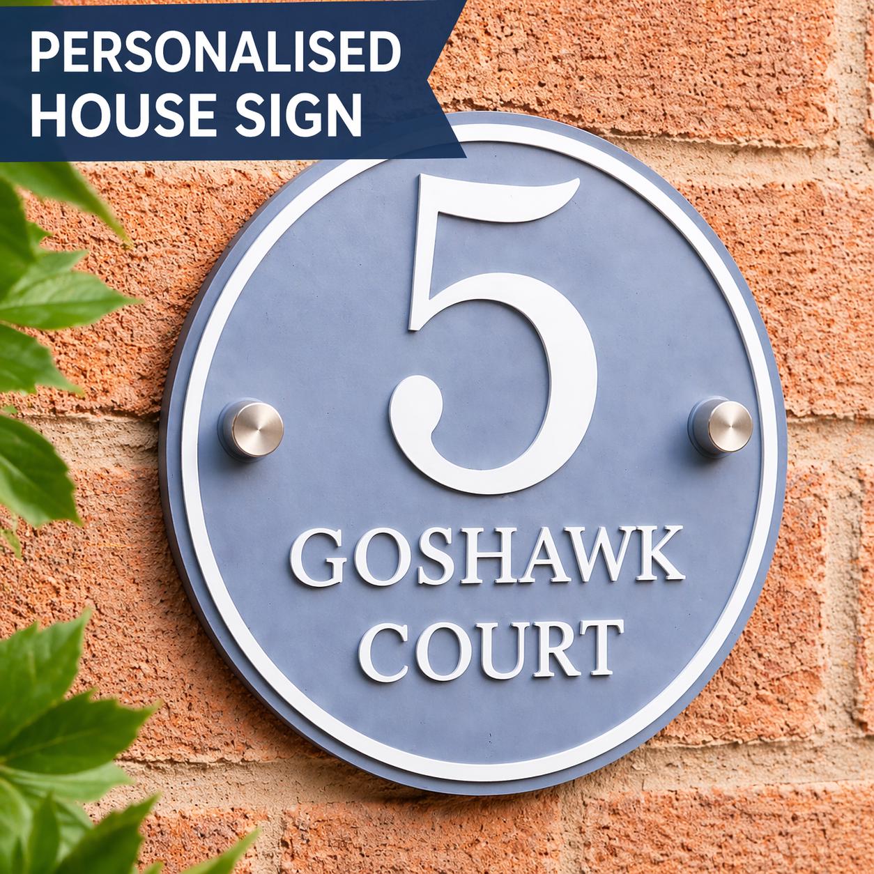 Dusky Blue Personalised House Sign | Round Acrylic Door Number Plaque | 3D Raised Matt White Lettering | Modern Address Sign UK
