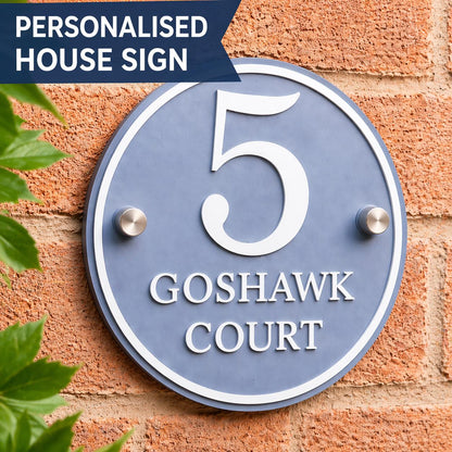 Dusky Blue Personalised House Sign | Round Acrylic Door Number Plaque | 3D Raised Matt White Lettering | Modern Address Sign UK