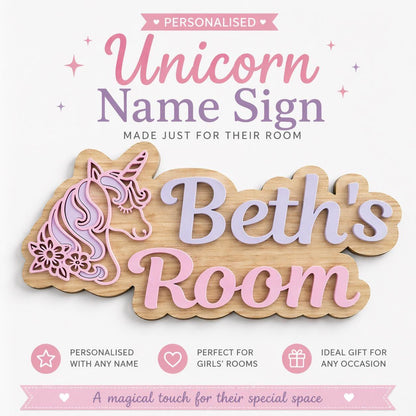 Personalised Unicorn Name Sign | Layered Wood Acrylic Girls Bedroom Plaque UK
