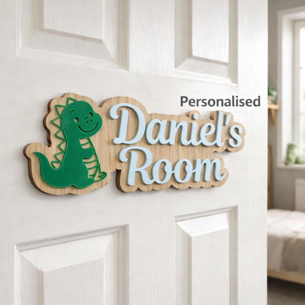 Personalised Dinosaur Name Sign | Layered Wood Acrylic Kids Room Decor