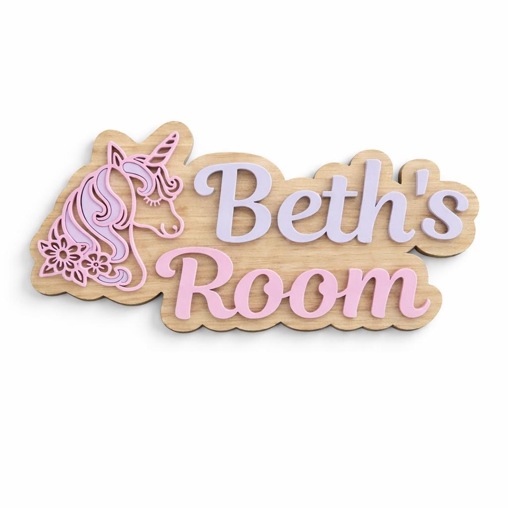 Personalised Unicorn Name Sign | Layered Wood Acrylic Girls Bedroom Plaque UK