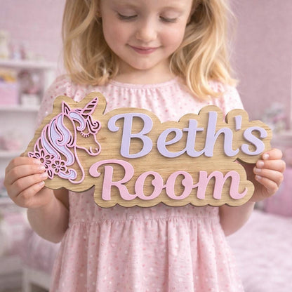 Personalised Unicorn Name Sign | Layered Wood Acrylic Girls Bedroom Plaque UK