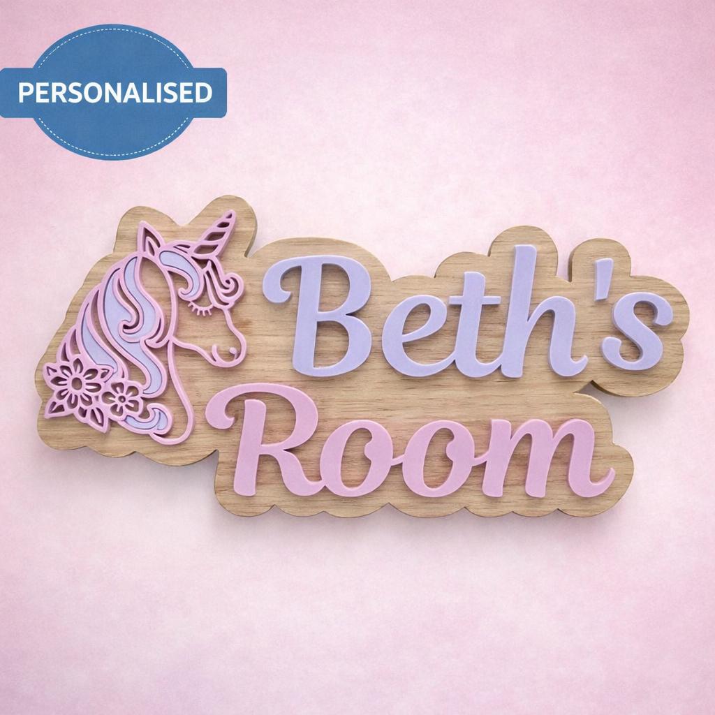 Personalised Unicorn Name Sign | Layered Wood Acrylic Girls Bedroom Plaque UK