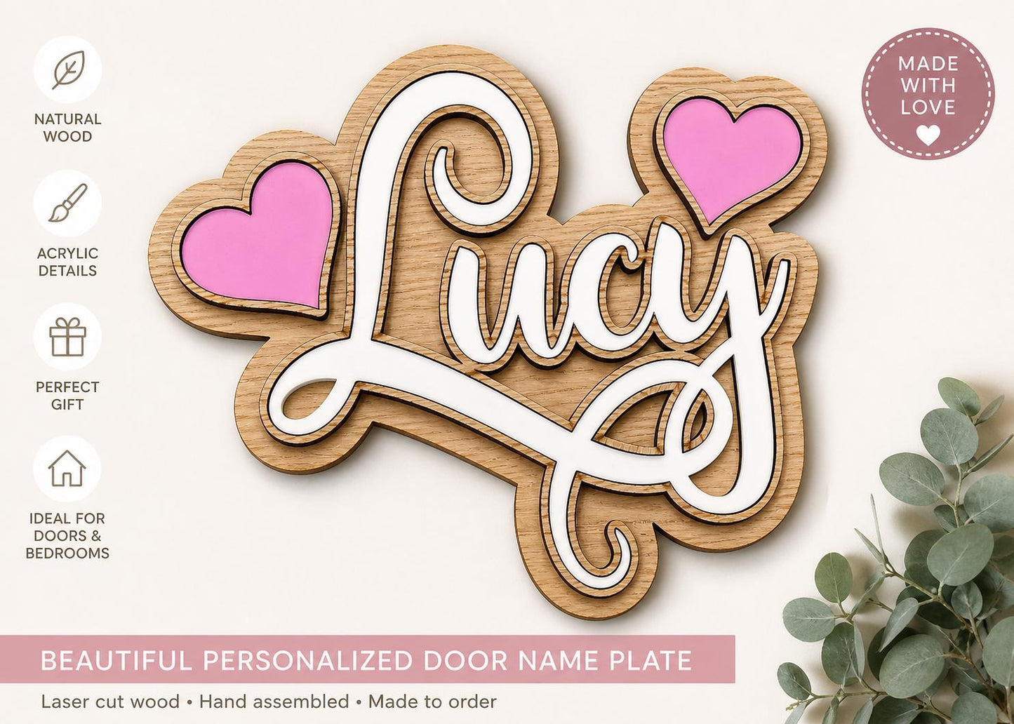 Personalised Wooden Name Sign | 3D Door Name Plaque | Custom Kids Room Decor | Oak & Acrylic | Nursery Bedroom Door Sign | Handmade Gift UK