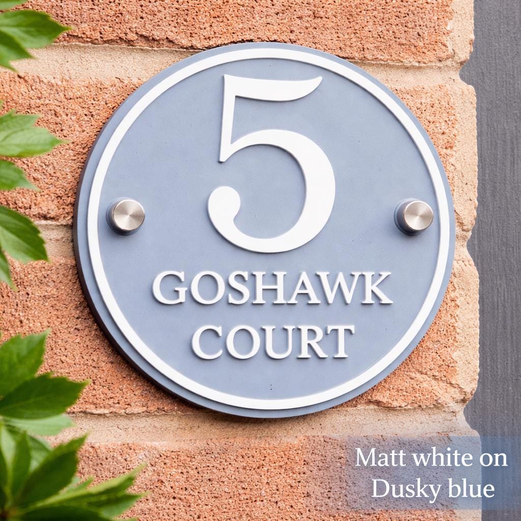 Dusky Blue Personalised House Sign | Round Acrylic Door Number Plaque | 3D Raised Matt White Lettering | Modern Address Sign UK
