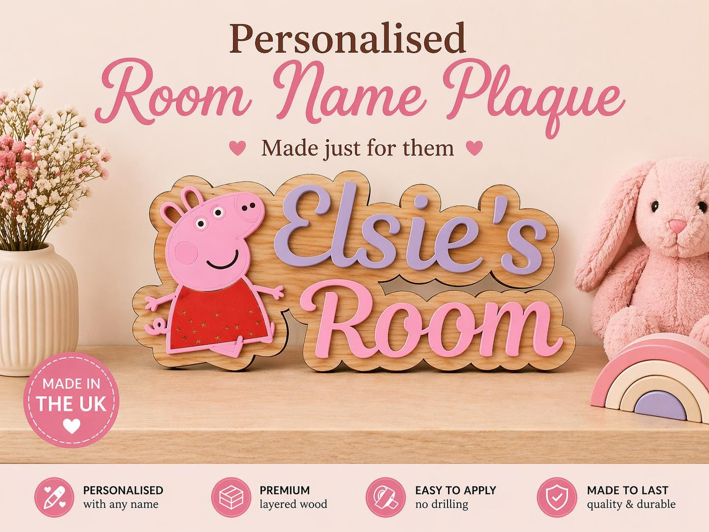 Personalised Kids Room Name Sign UK Wooden Door Plaque Custom Bedroom Nursery Sign Girls Room Decor