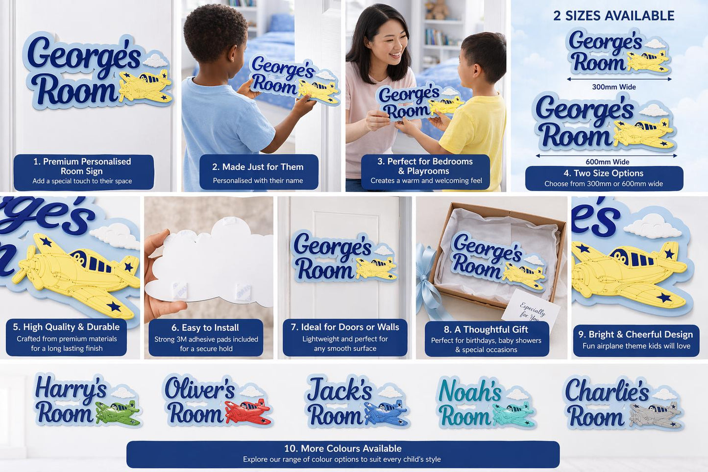 Personalised Kids Room Sign, Custom Name Door Sign, Boys Bedroom Wall Decor, Airplane Nursery Sign, Childrens Name Plaque, Gift for Boy