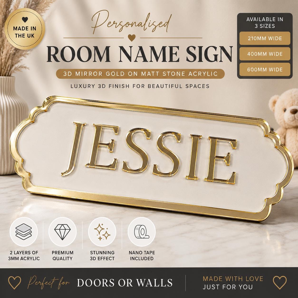 Personalised Mirror Gold Name Sign | 3D Acrylic Room Door Sign | Luxury Kids Bedroom Wall Plaque | Matt Stone Perspex Name Plaque
