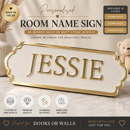 Personalised Mirror Gold Name Sign | 3D Acrylic Room Door Sign | Luxury Kids Bedroom Wall Plaque | Matt Stone Perspex Name Plaque