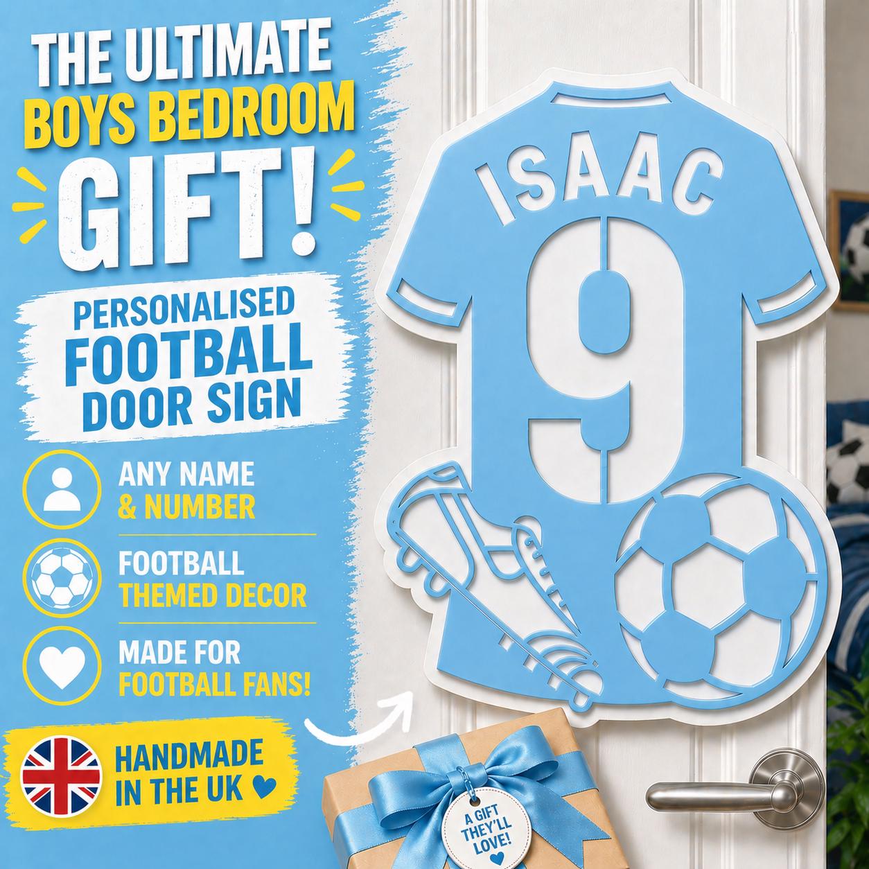 Personalised Football Door Sign | Custom Football Shirt Bedroom Plaque | Kids Football Room Decor | Boys Bedroom Sign | Football Fan Gift UK