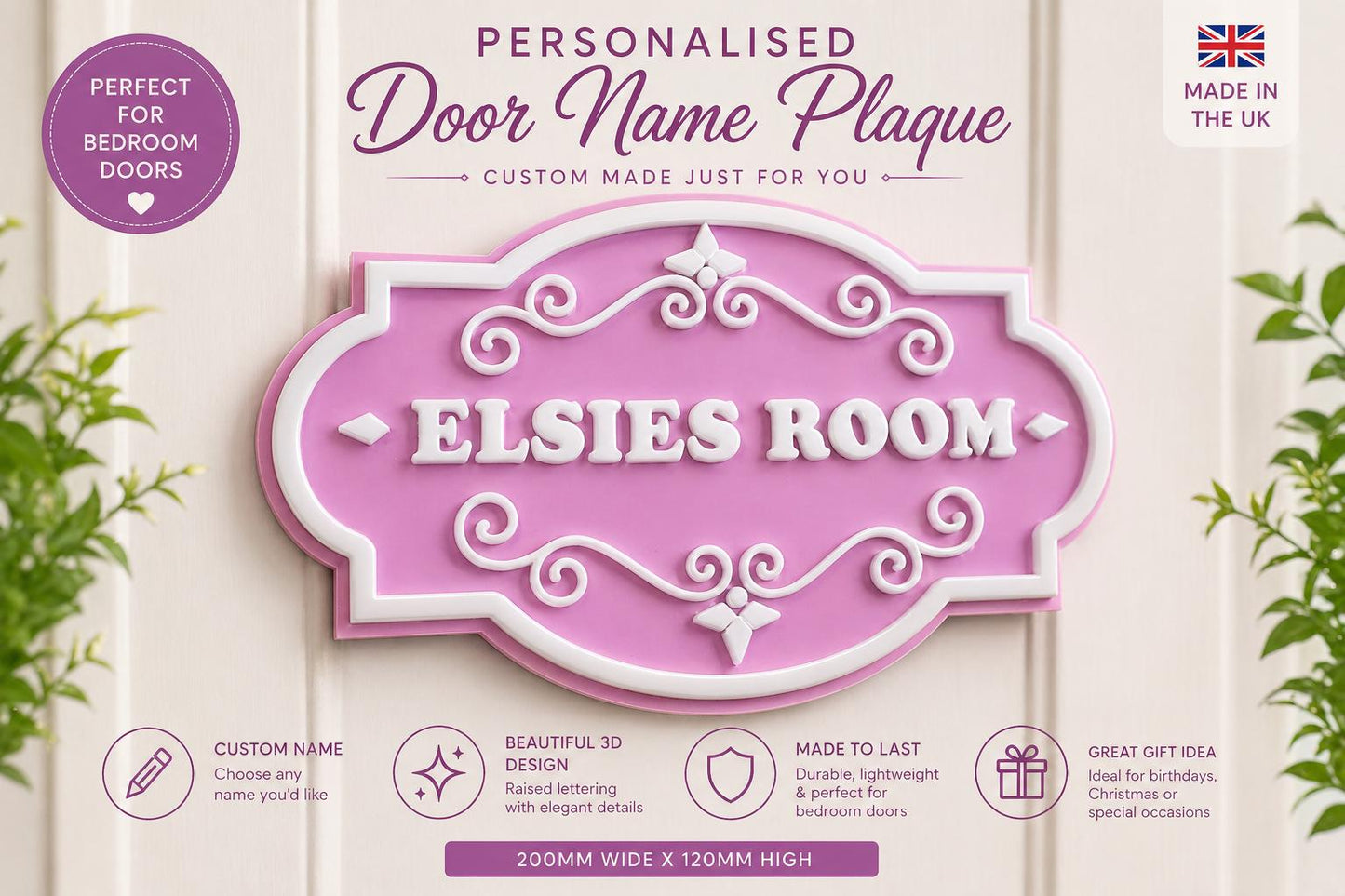 Personalised Pink Door Name Sign | Girls Bedroom Decor | Custom Name Plaque | Nursery Door Sign | 3D Acrylic Sign | Handmade UK