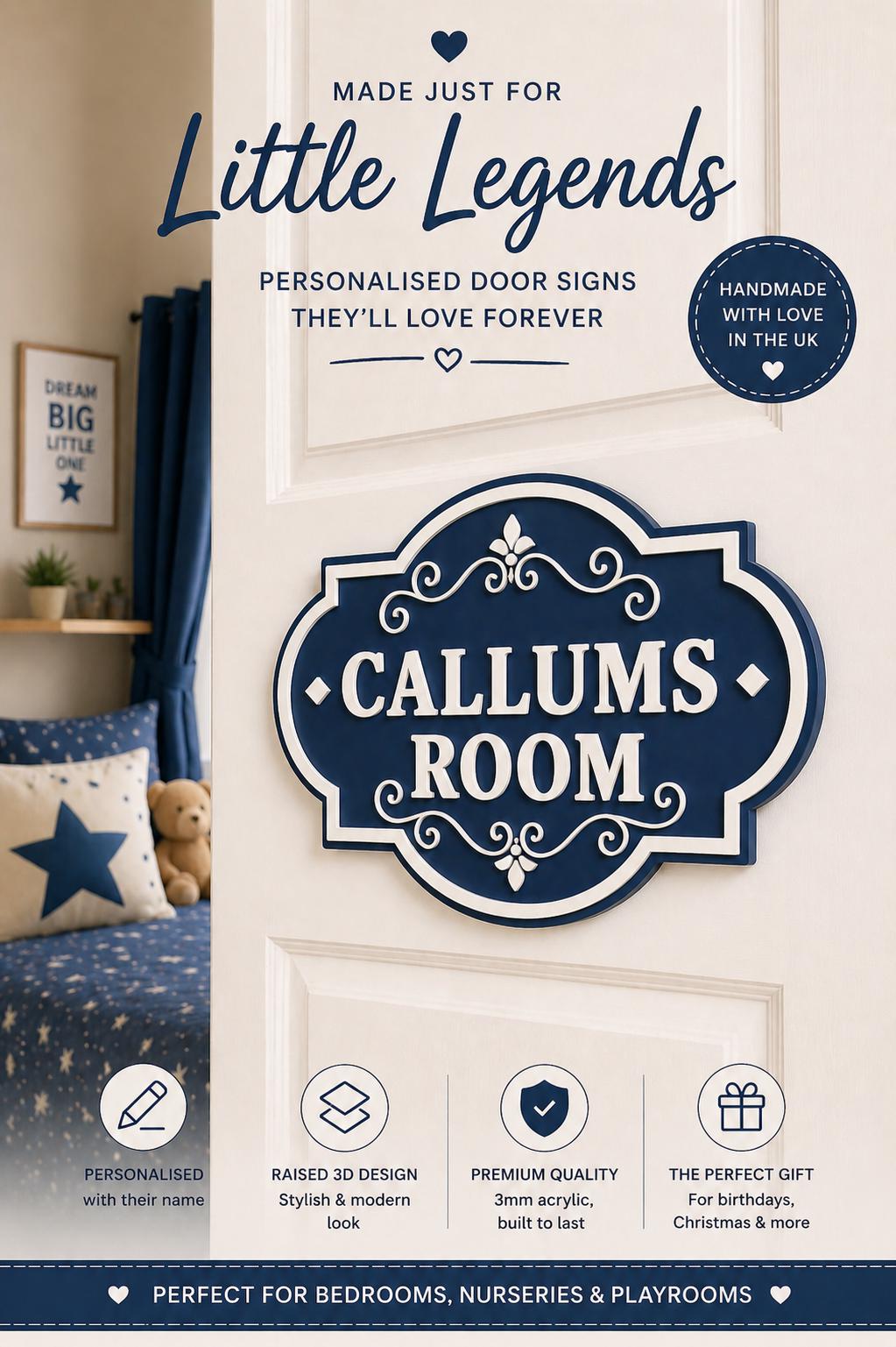 Personalised Blue Door Name Sign | Boys Bedroom Decor | Custom Name Plaque | Kids Room Sign | 3D Acrylic Sign | Handmade UK