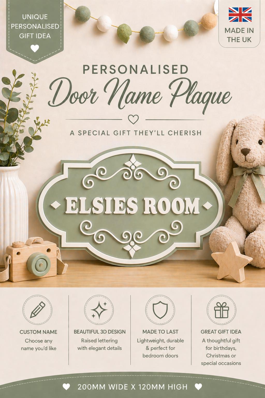 Personalised Sage Green Door Name Sign | Kids Bedroom Decor | Custom Nursery Plaque | 3D Acrylic Name Sign | Baby Gift UK | Door Plaque