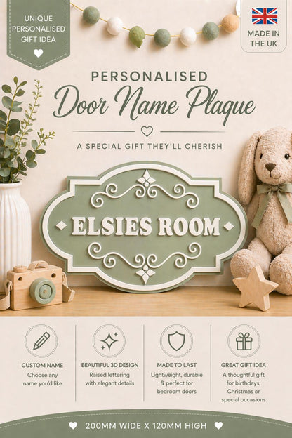 Personalised Sage Green Door Name Sign | Kids Bedroom Decor | Custom Nursery Plaque | 3D Acrylic Name Sign | Baby Gift UK | Door Plaque
