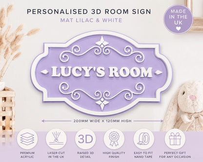 Personalised Lilac Room Sign | 3D Acrylic Name Plaque | Kids Bedroom Door Sign | Matt Lilac & White Nursery Name Sign | Custom Wall Decor