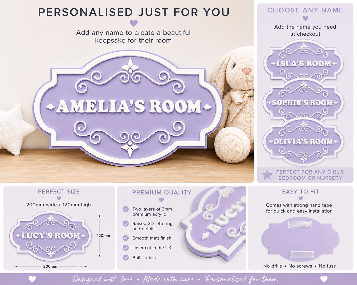 Personalised Lilac Room Sign | 3D Acrylic Name Plaque | Kids Bedroom Door Sign | Matt Lilac & White Nursery Name Sign | Custom Wall Decor