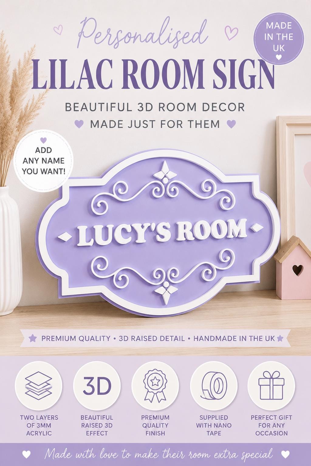 Personalised Lilac Room Sign | 3D Acrylic Name Plaque | Kids Bedroom Door Sign | Matt Lilac & White Nursery Name Sign | Custom Wall Decor