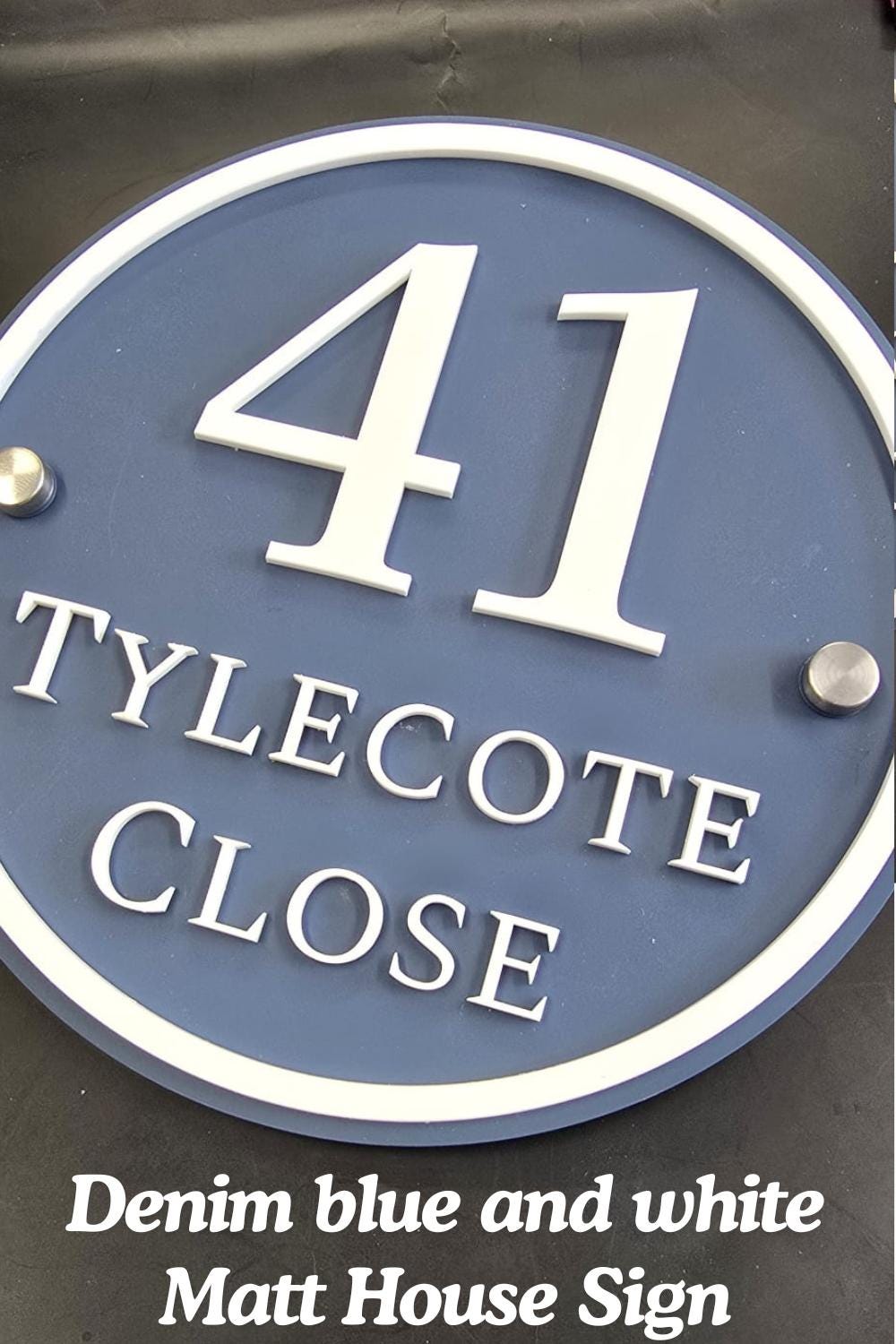 Personalised Round House Sign | Denim Blue & White Acrylic House Number Sign | Modern Address Plaque | 3D Door Number Sign UK