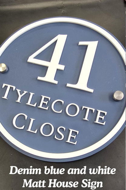 Personalised Round House Sign | Denim Blue & White Acrylic House Number Sign | Modern Address Plaque | 3D Door Number Sign UK