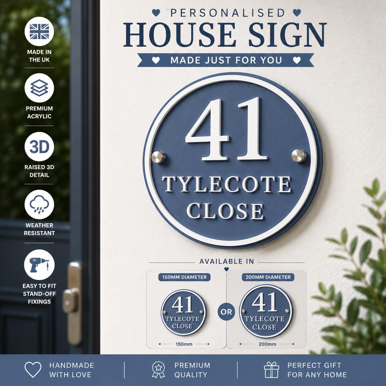 Personalised Round House Sign | Denim Blue & White Acrylic House Number Sign | Modern Address Plaque | 3D Door Number Sign UK