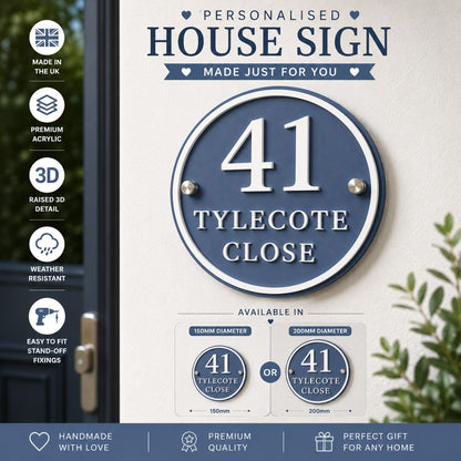 Personalised Round House Sign | Denim Blue & White Acrylic House Number Sign | Modern Address Plaque | 3D Door Number Sign UK