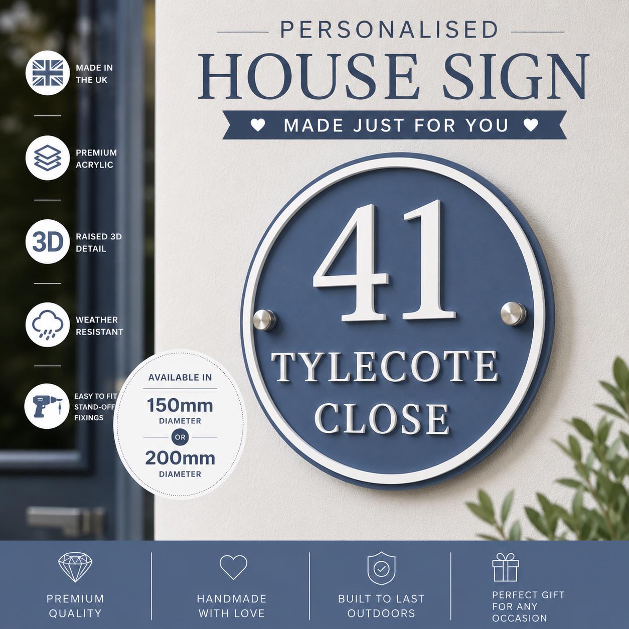 Personalised Round House Sign | Denim Blue & White Acrylic House Number Sign | Modern Address Plaque | 3D Door Number Sign UK
